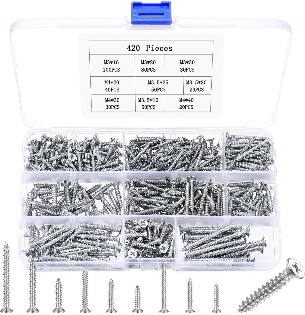 420 Pieces Sheet Screws Self Tapping Screws M3 M3.5 M4 Wood Screws Assortment Phillips Head Screws Flat Head Chipboard - ShopVlot