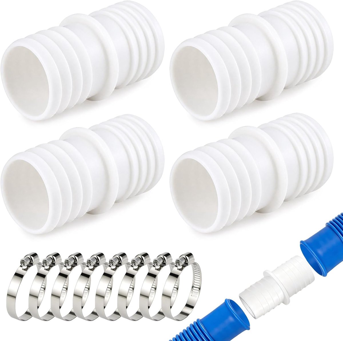 4 stuks zwembadslang verbinders 38mm naar 38mm & 8 stuks slangklemmen - ShopVlot