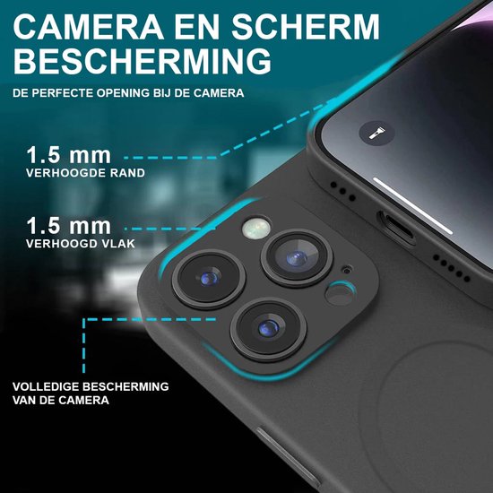 Zwart hoesje met 1,5mm verhoogde rand en vlak rond de camera. Volledige bescherming van de camera. Een iPhone scherm is zichtbaar.