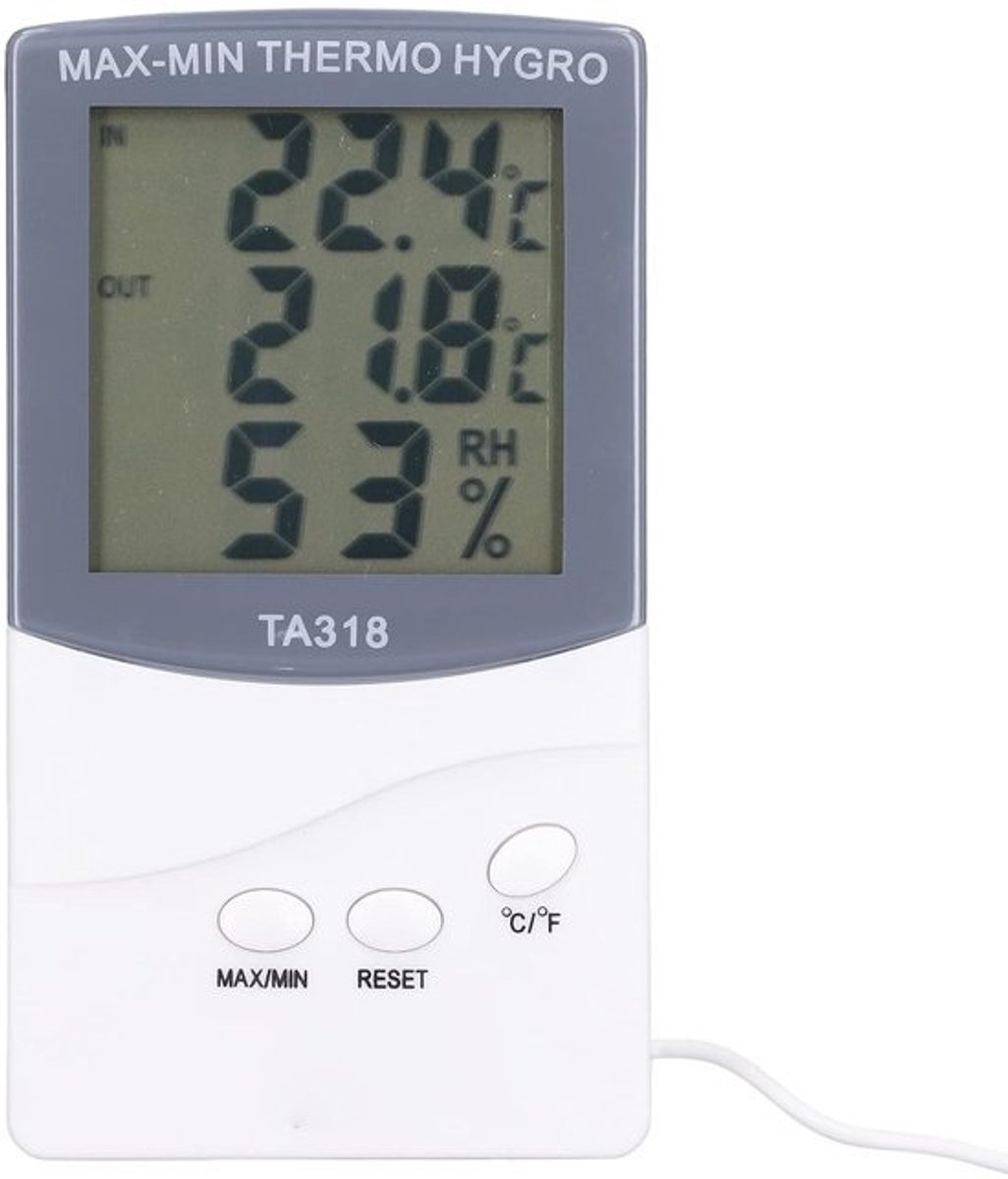 Thermometer - hygrometer - Meter voor temperatuur en vochtigheid - Voor binnen en buiten meten - Groot digitaal scherm - 15cm lengte