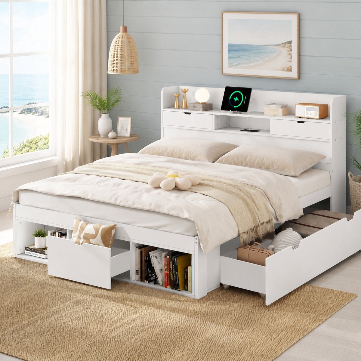 WUVRIE Tweepersoonsbed 140x200 cm met lattenbodem, opberglades, USB en USB-C, wit