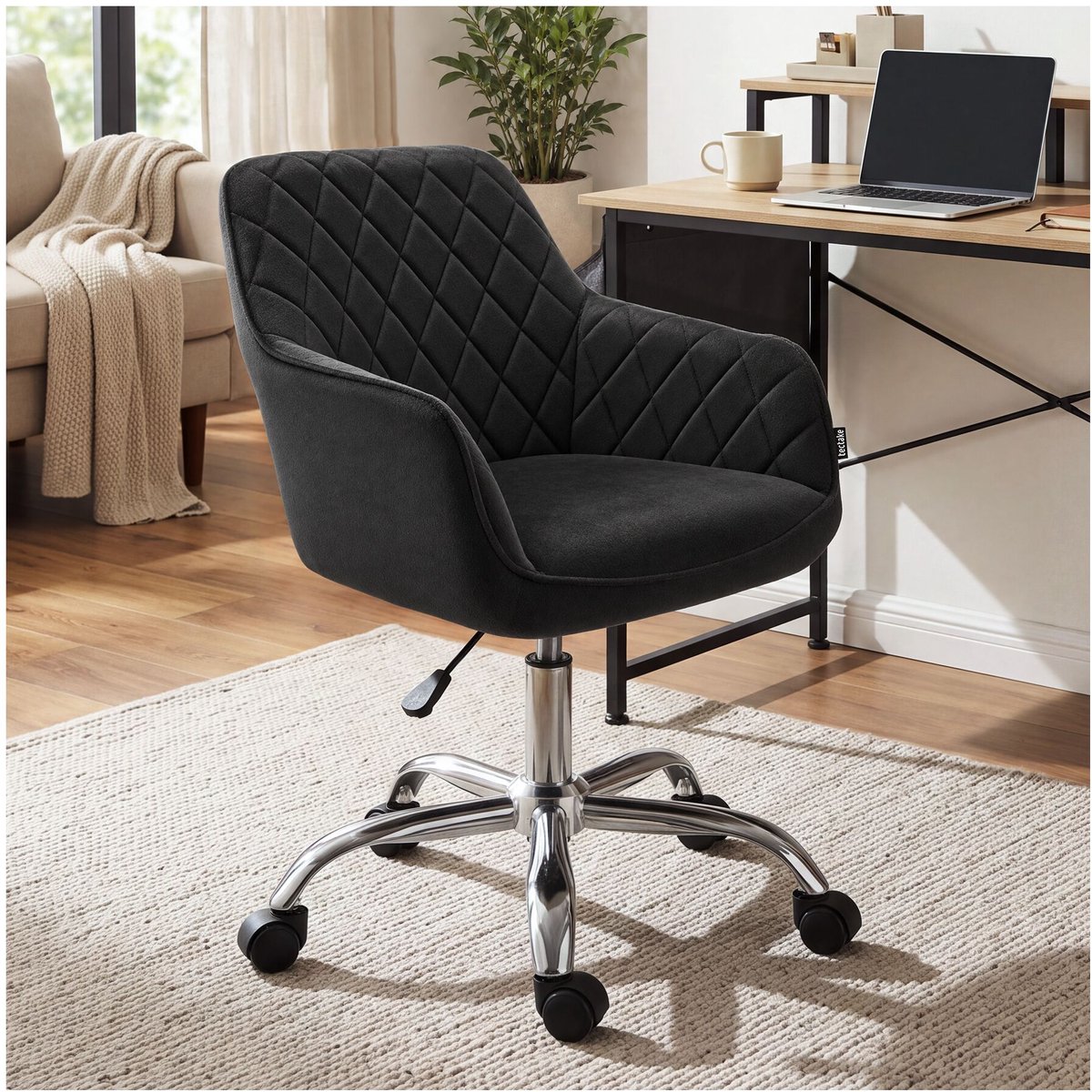 tectake® Bureaustoel - 360° Draaibaar - Gestoffeerde Eetkamerstoel op Wieltjes - Fluwelen Bekleding - In Hoogte Verstelbare Draaifauteuil - Ergonomische Draaistoel met Armleuningen - Eetkamerstoel met Wielen - Zwart