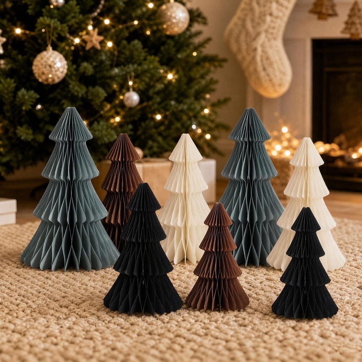 Papieren Kerstboom Set - Zwart, Bruin, Wit, Lichtgroen - 30 cm, 25 cm, 20 cm - Honingraat Papier - Voor Feestdecoratie