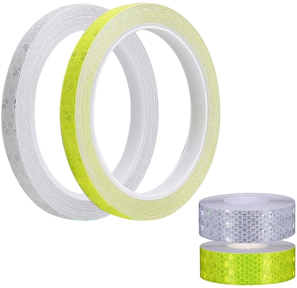 Reflecterende tape set, 4 rollen waterdichte tape voor buitengebruik, geschikt voor voertuigen en helmen, fluorescerend geel en wit, 1 cm × 8 m en 2 cm × 5 m.