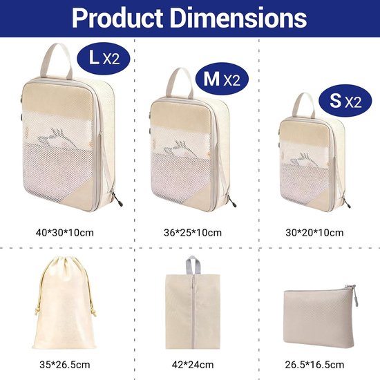 Koffers Organizer Set van 9 Stuks, Inpak Cubes, Waterdichte Compressiezakken voor Kleding, Schoenen en Cosmetica, Ideaal voor Vakanties en Zakenreizen — afbeelding 5