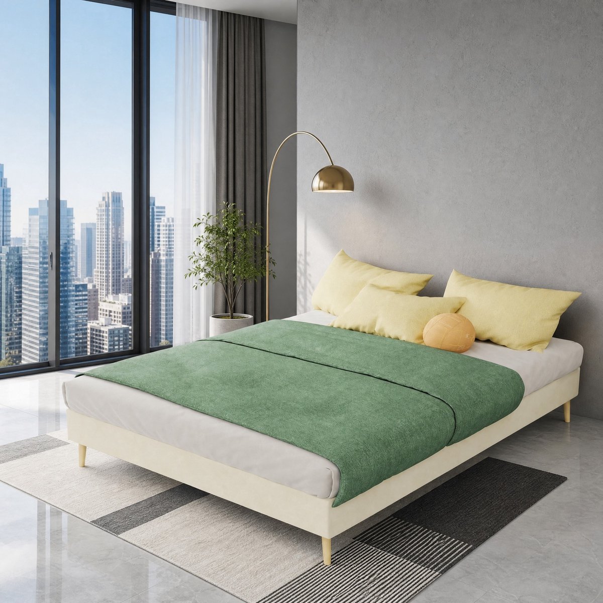 WUVRIE Tweepersoonsbedframe 140x200 cm met lage basis en lattenbodem, zonder hoofdbord, beige