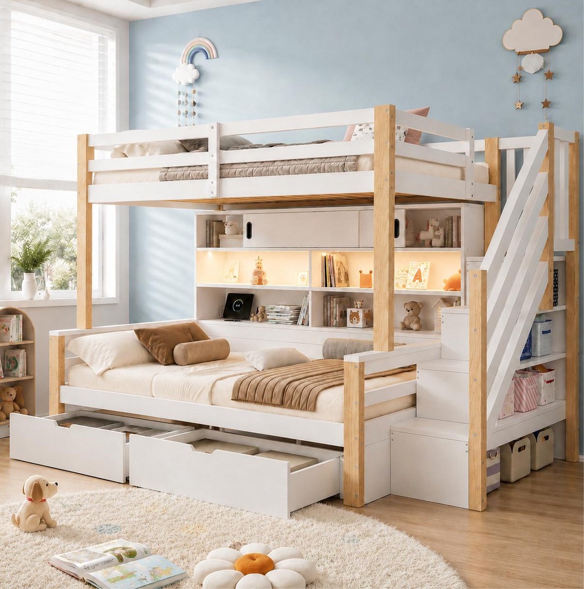 MIVRAY Stapelbed 90x200 cm - Met Ledverlichting, USB C En Opbergtrap - Zonder Matras - Hout En MDF - Wit En Naturel