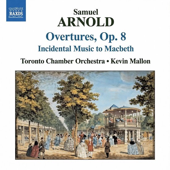 Samuel Arnold - Overtures, Op. 8. Omslag met een schilderij van een parkscène met mensen in 18e-eeuwse kleding.