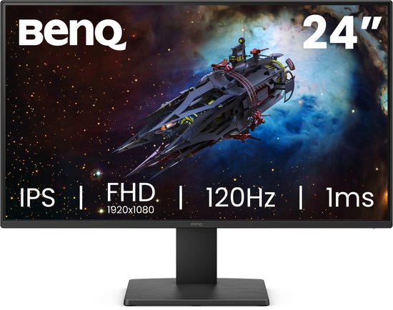 Vooraanzicht van een 24-inch monitor met een ruimteschip op het scherm en specificaties: IPS, FHD, 120Hz, 1ms.