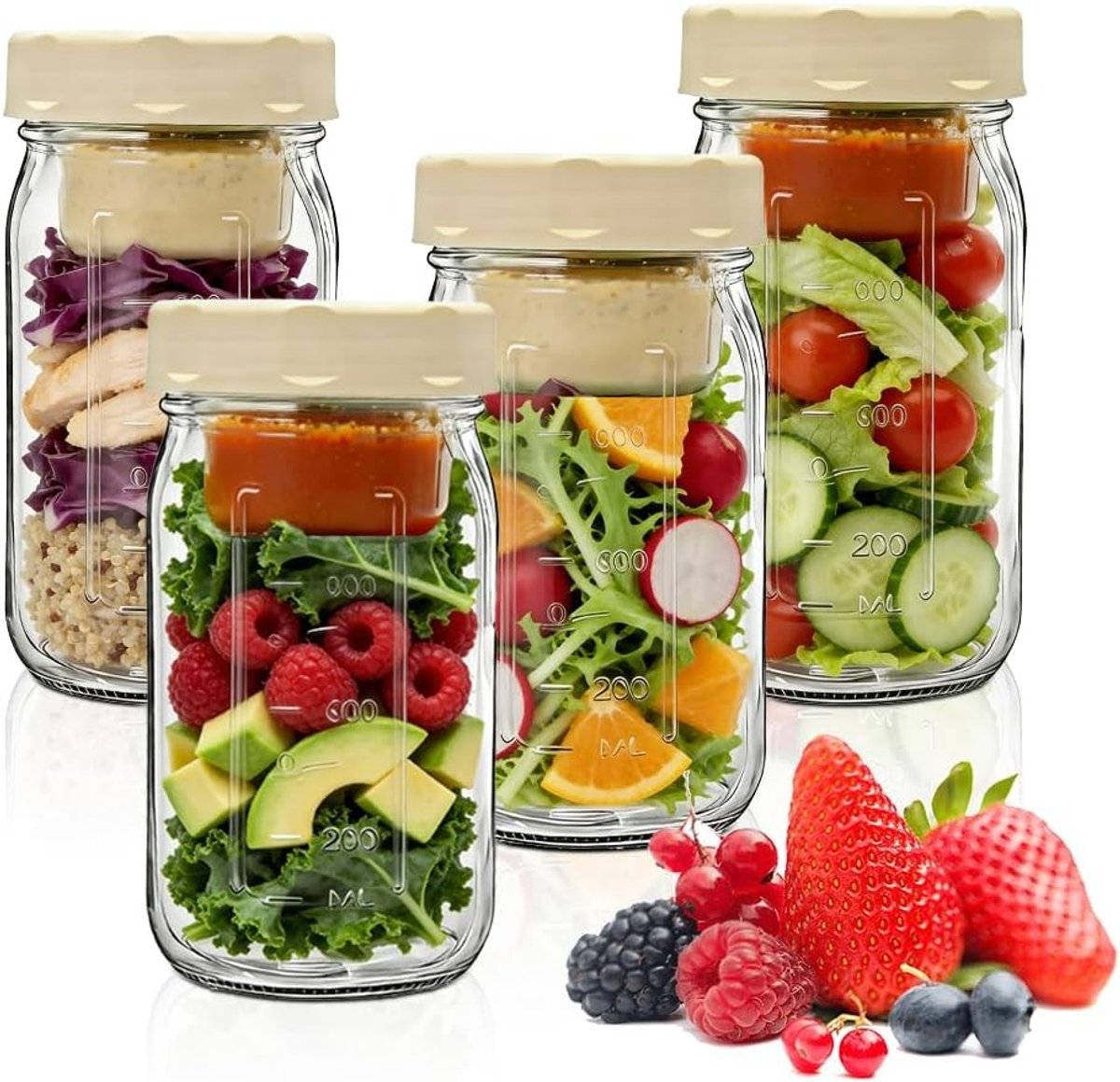 Set van 4 Lekvrije Maaltijd Prep Jars van 1000ml met Schroefdeksel en Dressing Compartimenten voor Salades en Ontbijt
