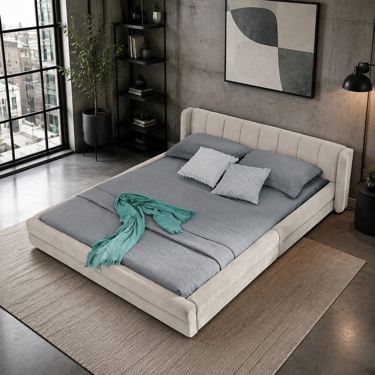WUVRIE Gestoffeerd bedframe 140x200 cm met chenille bekleding en hoog hoofdbord, beige