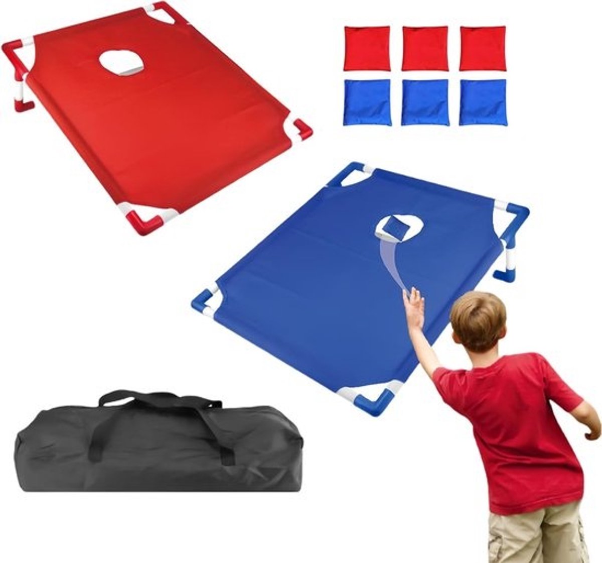 Draagbare werpspelset - Achtertuinspellen - Buiten spelen - Inclusief 8 bonenzakjes - 58 X 51 Cm - Blauw rood