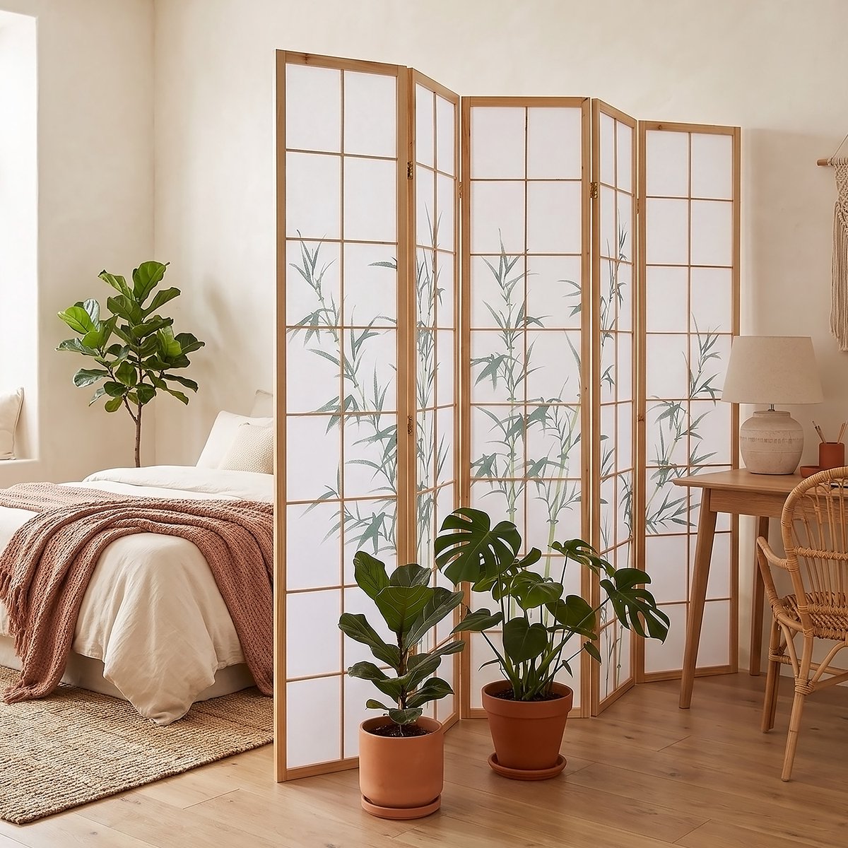Homestyle4u Kamerscherm 5 panelen - 220x175 cm - groen - 5-delig - bamboepatroon