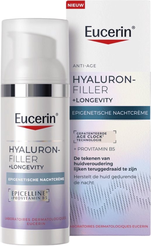 Doos en flacon Eucerin Hyaluron-Filler + Longevity nachtcrème. Tekst: 'NIEUW', 'ANTI-AGE', 'EPIGENETISCHE NACHTCREME'.