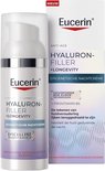 Doos en flacon Eucerin Hyaluron-Filler + Longevity nachtcrème. Tekst: 'NIEUW', 'ANTI-AGE', 'EPIGENETISCHE NACHTCREME'.