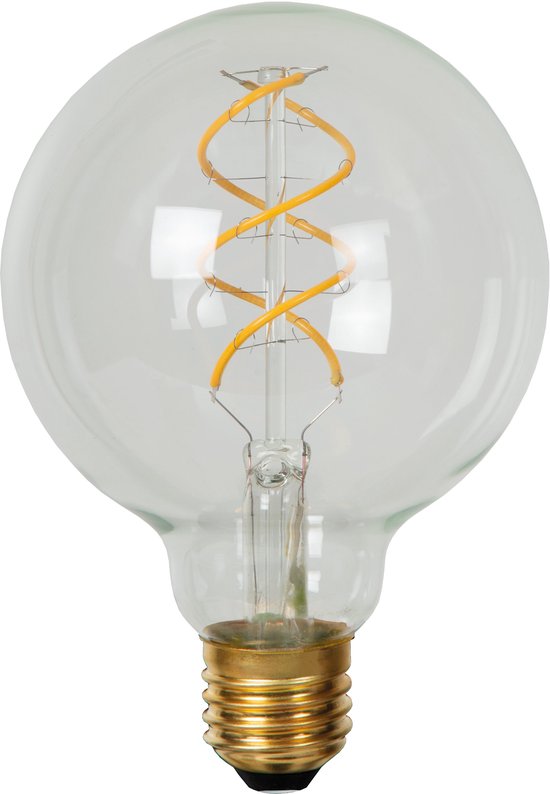 Gouden G95 LED lamp met transparant glas en een zichtbaar spiraalvormig filament.
