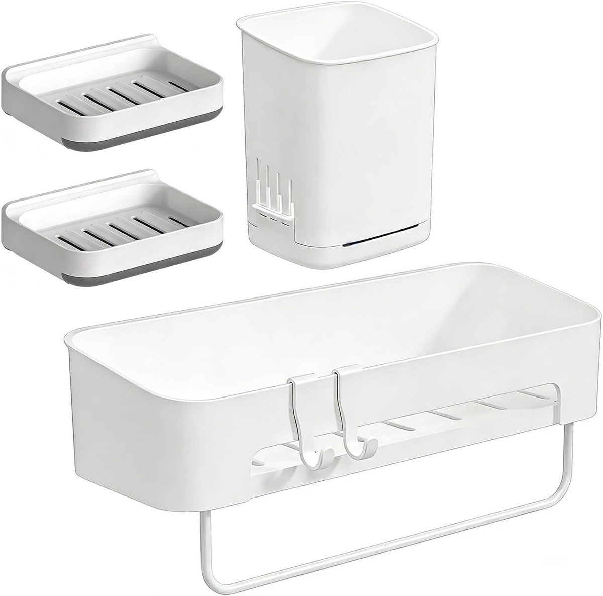 Praktische Badkameropbergset zonder Boren - 4-delige Douche Caddy van Roestvrij ABS Plastic met Zeepdispenser en Tandenborstelhouder, Wit en Ruimtebesparend
