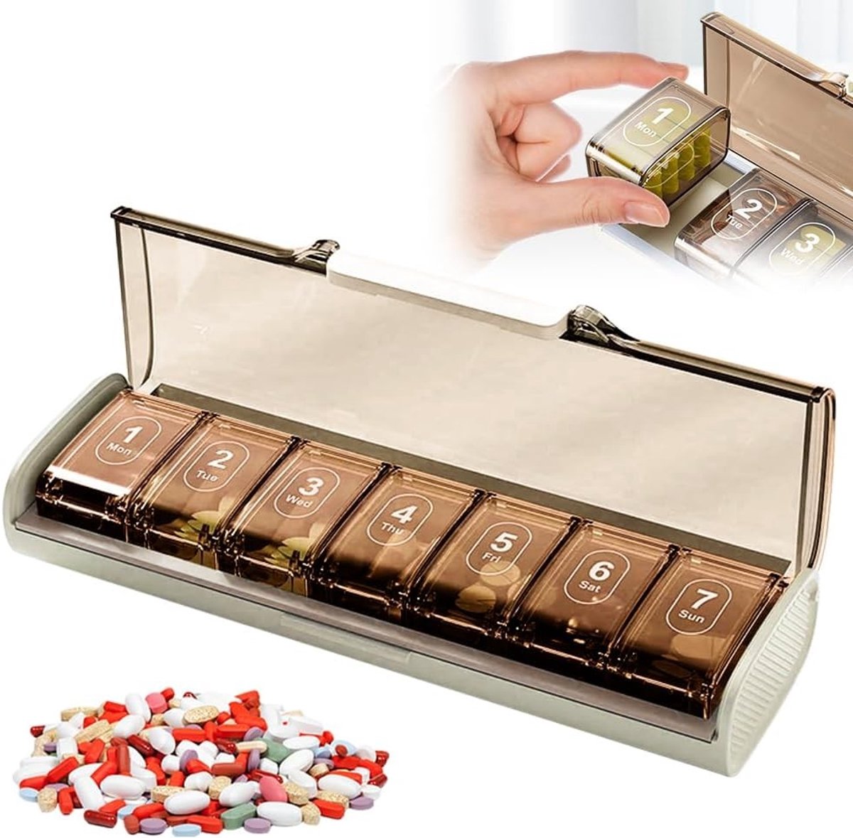 Supplementen Organizer voor 7 Dagen - Pillendoos met Afzonderlijke Vakken voor Tabletten en Medicijnen, Bruin en Praktisch Ontwerp
