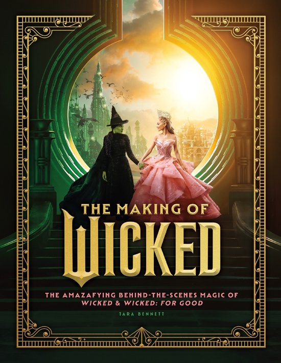 Boek 'The Making of Wicked' met de heks en de prinses in een roze jurk, met de Emerald City op de achtergrond.