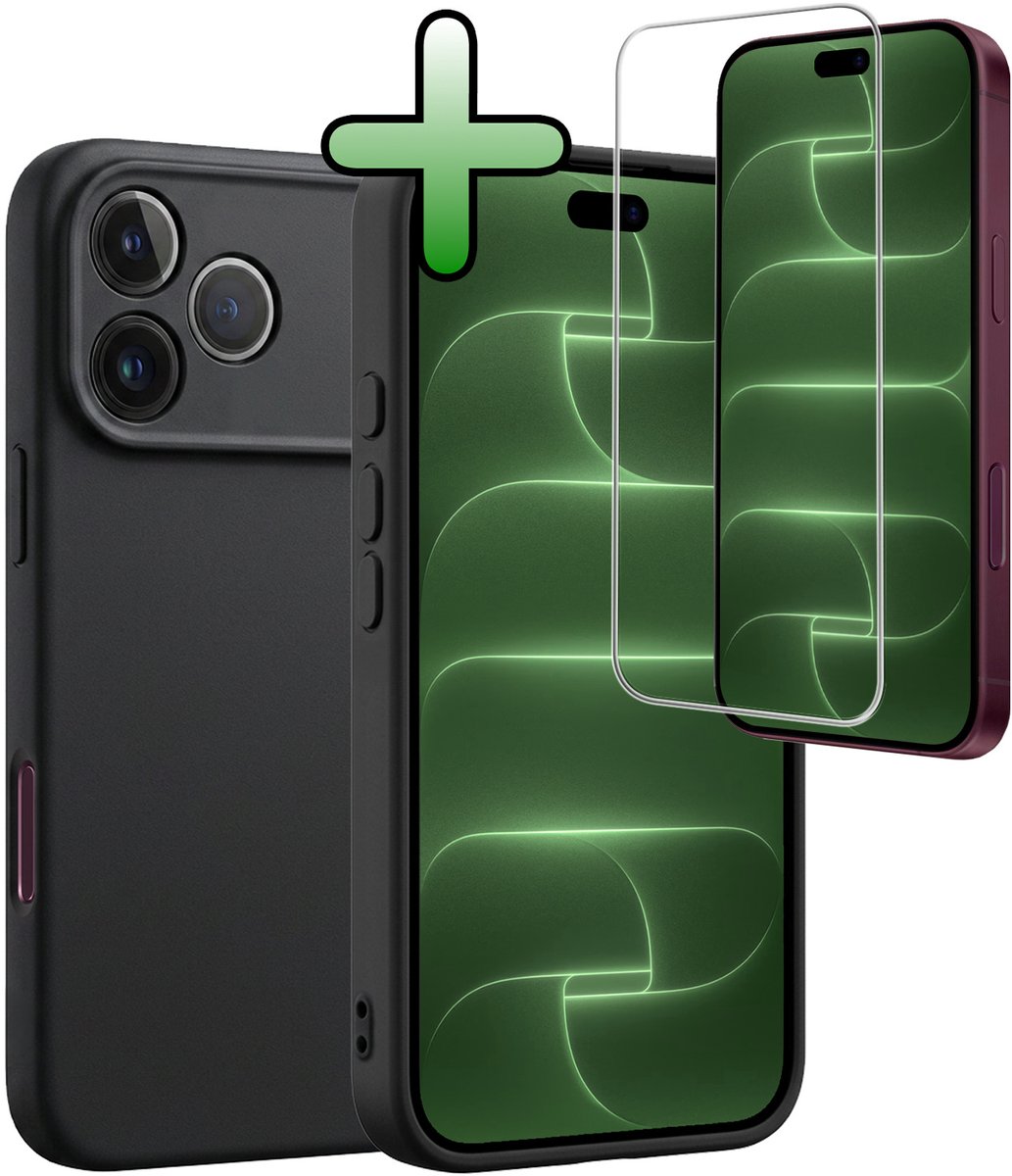 Hoesje Met Screenprotector - Geschikt voor Apple iPhone 18 Pro - Sterk & Shockproof - Back Cover - Siliconen Case - Telefoon Hoes - Zwart
