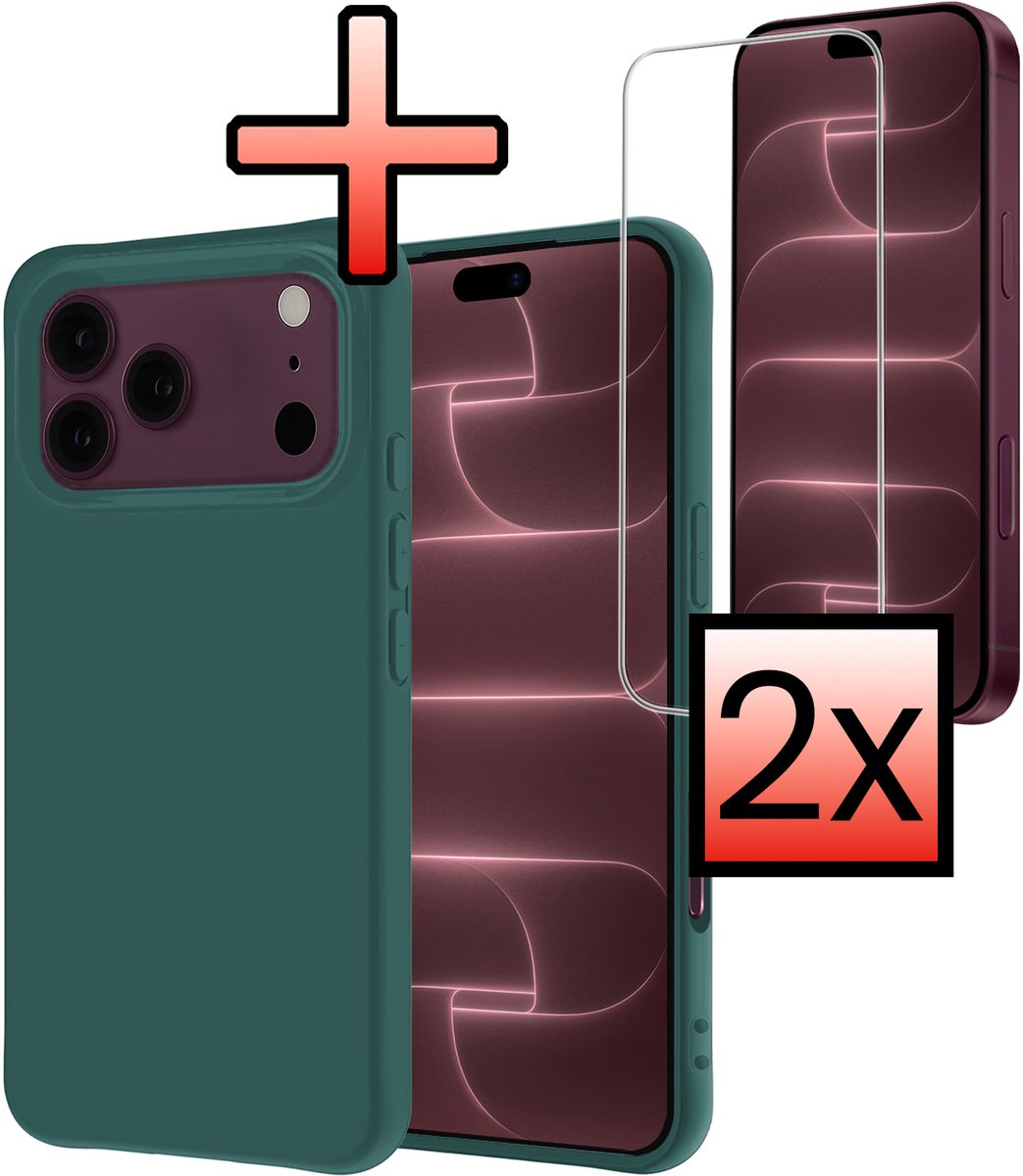 Hoesje - Met 2x Screenprotector - Geschikt voor Apple iPhone 18 Pro - Sterk & Shockproof - Back Cover - Siliconen Case - Telefoon Hoes - Donkergroen