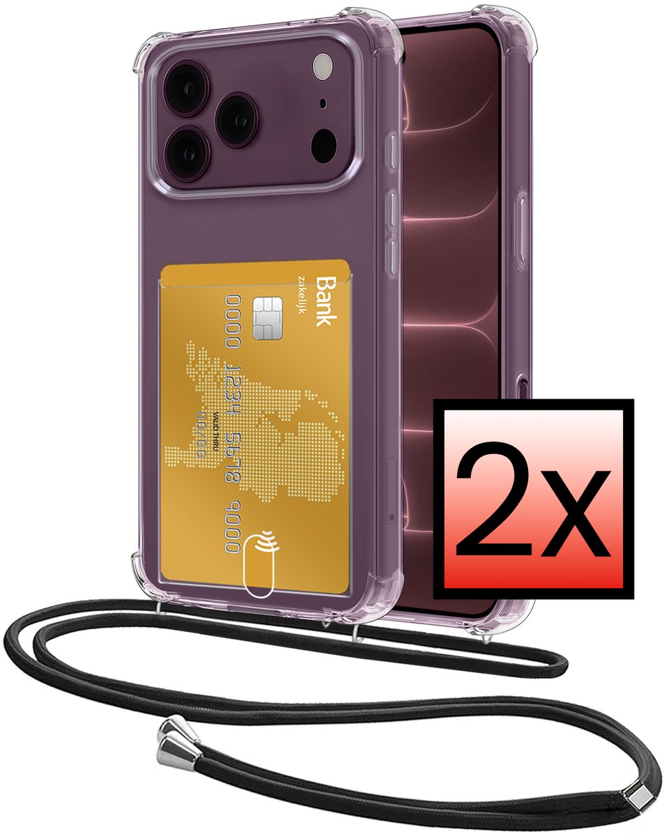 Hoes Geschikt voor Apple iPhone 18 Pro Max Hoesje Pasjeshouder Cover Met Koord Shock Proof Case Siliconen Hoes Met Telefoonkoord en Kaarthouder - Transparant - 2 PACK