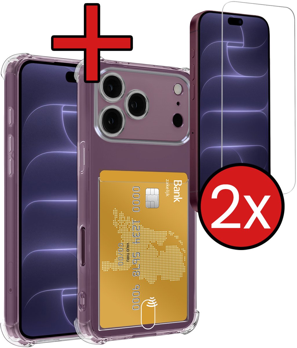 Hoesje - Geschikt voor Apple iPhone 18 Pro - Met 2x Screenprotector - Pashouder - Kaarthouder - Back Cover - Telefoon Hoes Shockproof - Siliconen Case - Shock Proof - Pasjes Houder - Telefoonhoes - Transparant