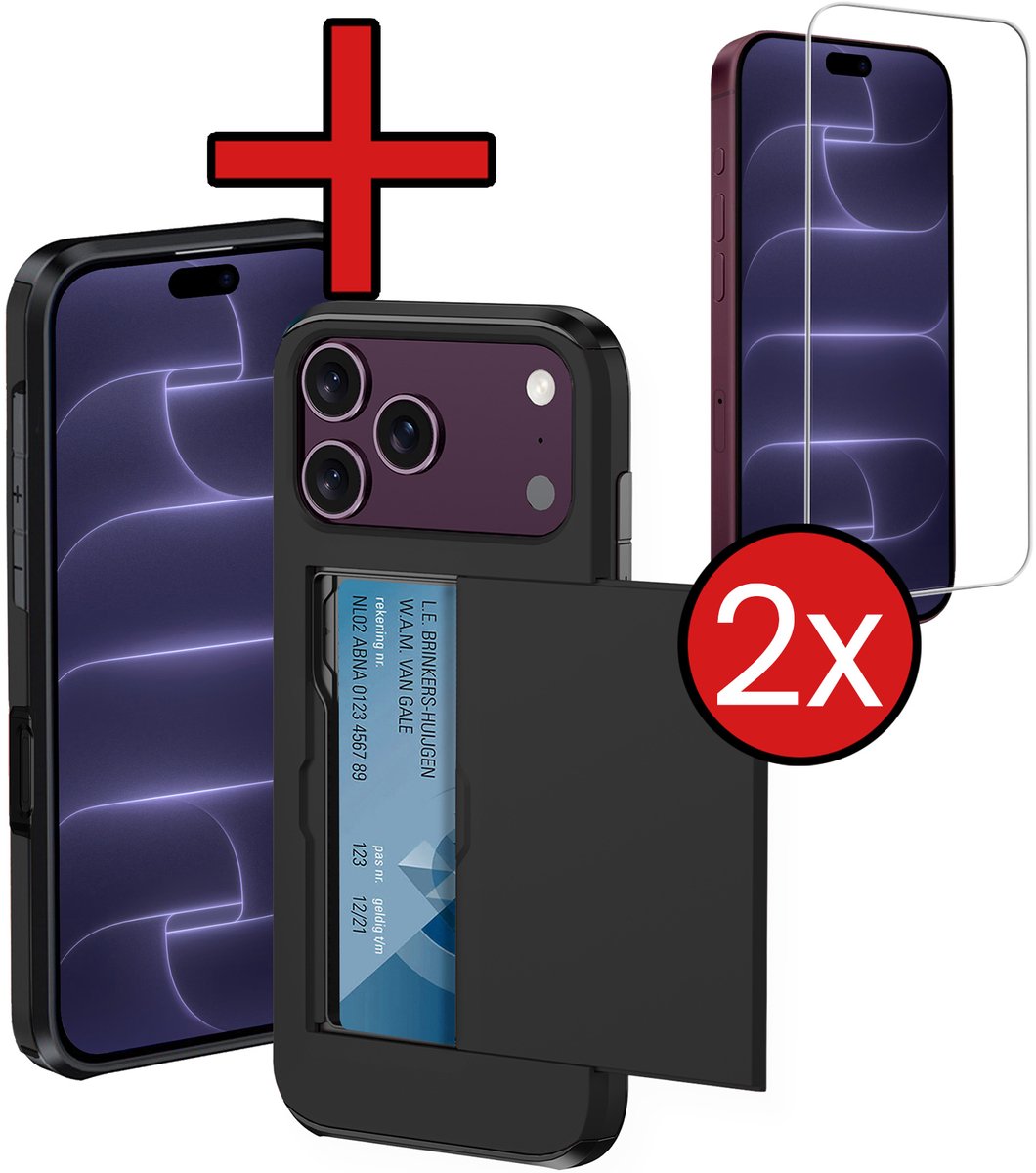 Hoesje Geschikt voor iPhone 18 Pro Max Hoesje Met Pasjeshouder Hard Case Met Kaarthouder Met 2x Screenprotector - Hoes Geschikt voor iPhone 18 Pro Max Hoesje Pashouder Case - Zwart