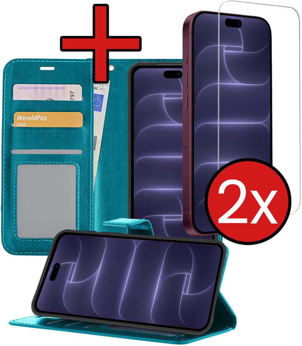 Hoesje - Met 2x Screenprotector - Geschikt voor Apple iPhone 18 Pro - Luxe Pasjeshouder - Flip Case - Bookcase Portemonee - Kunstleer Book Case - Flipcase Hoes - Book Cover - Walletcase - Portemonneehoes - Telefoonhoes - Turquoise
