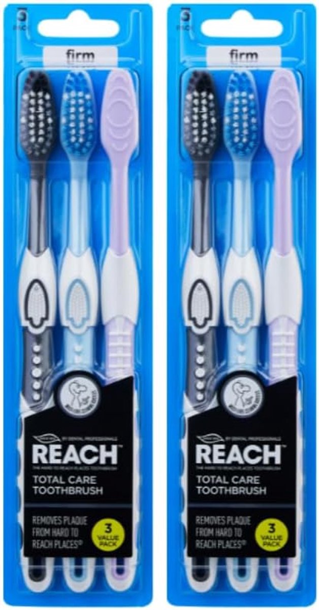 REACH Total Care Firm Toothbrush, 2 x 3 Pieces (6 Brushes), Compact Head with V-Trim Bristles, Tongue Cleaner and - ShopVlot