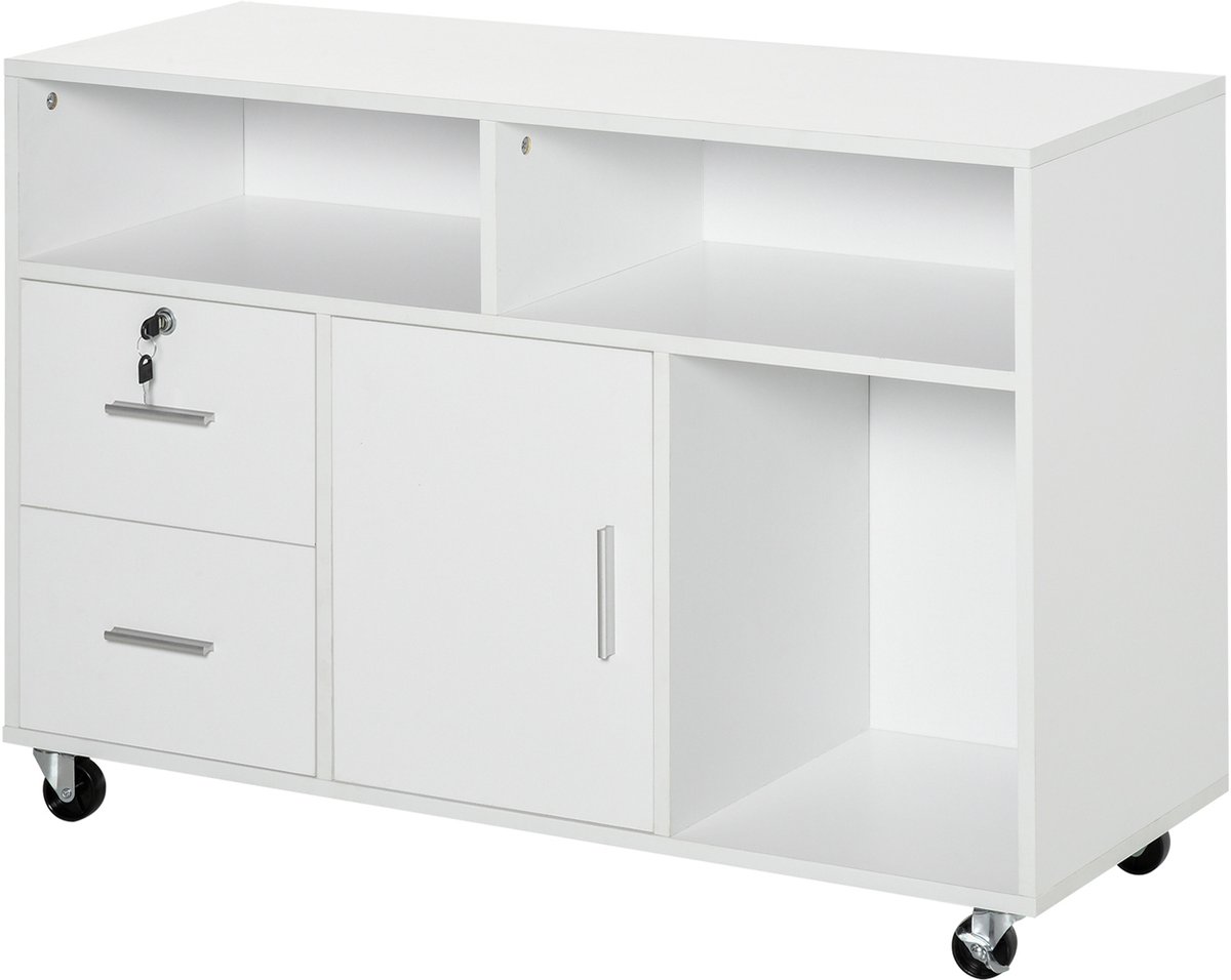 Printerstandaard met 2 laden- verrijdbaar opbergmeubel met open schappen en kast - 100 x 35 x 65 cm - Wit