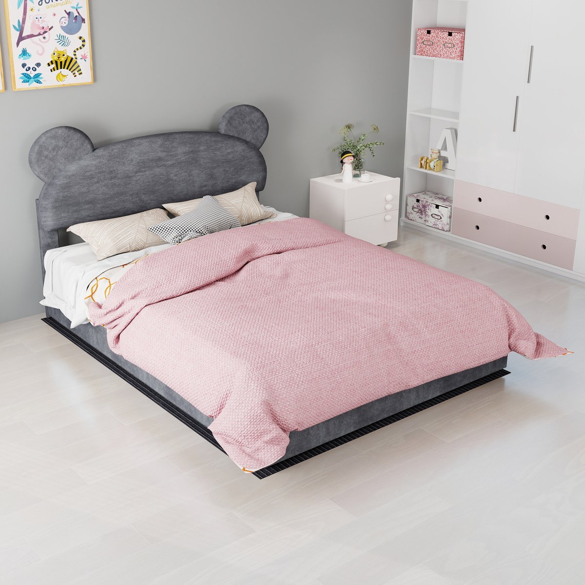 AURA LUMEN-Gestoffeerd bed-Twijnfelaarbed-140x200-cm-Gasveer-bed-met-opbergruimte-Grijs