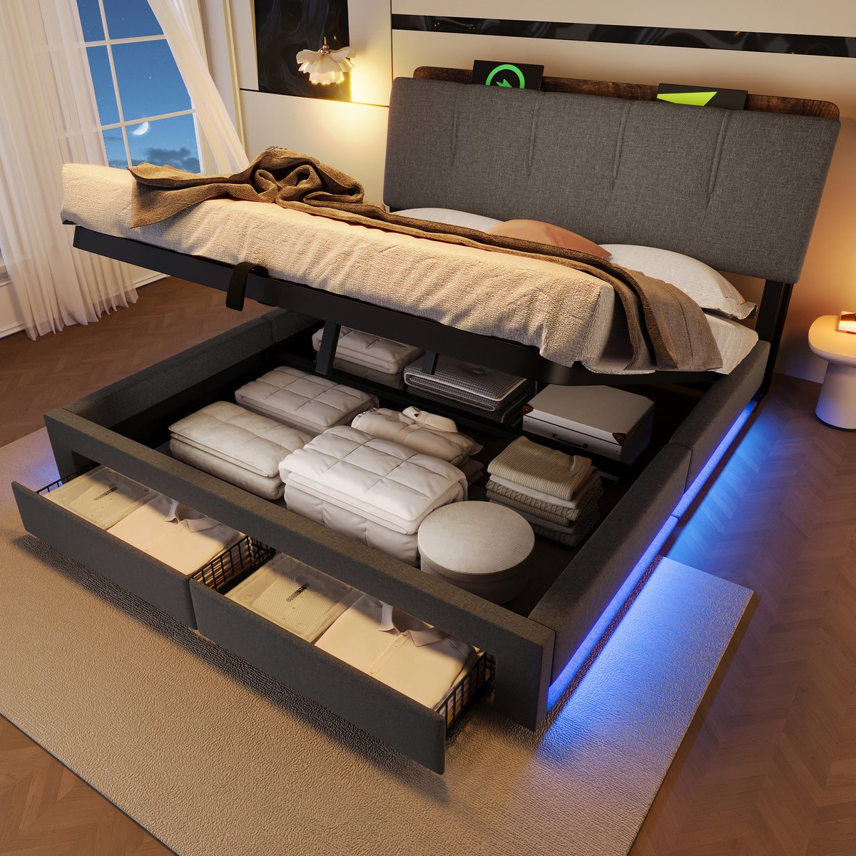 AURA LUMEN Gestoffeerd bed Twijfelaarbed 140x200 cm Hydraulisch bed met opbergruimte Bed met LED en USB Grau Grijs