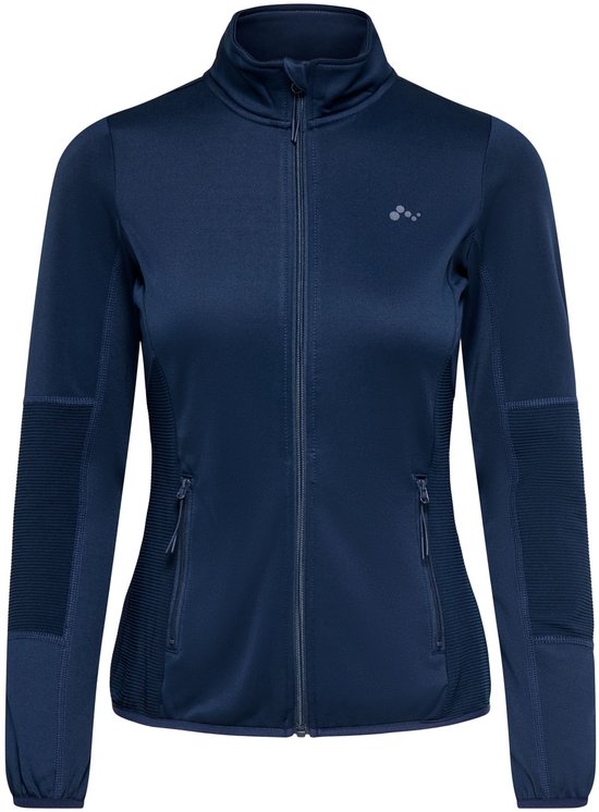 Marineblauw sportvest met hoge kraag, rits en geribbelde details op de mouwen en zijkanten.