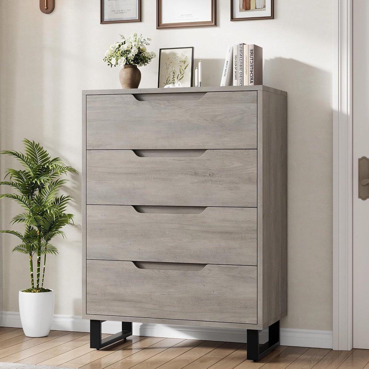 Grijs commode/ ladekast 4 lades - 76x40x106,5 cm - vrijstaande houten kast met opbergruimte voor slaapkamer, woonkamer en hal