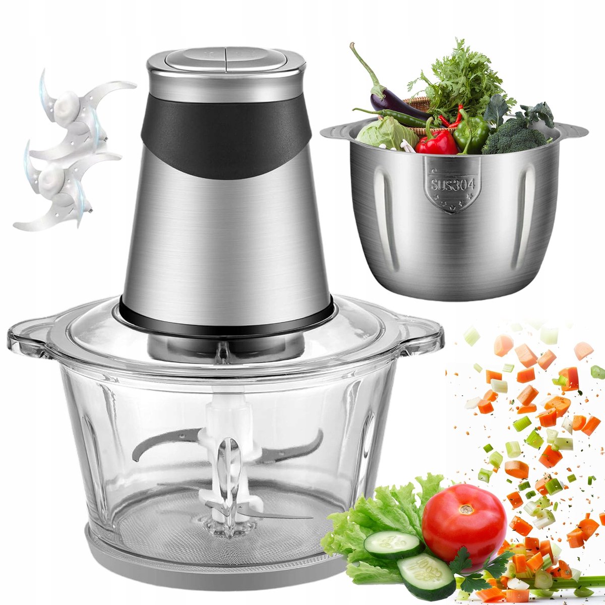 Hakmolen Elektrisch 200W - Food Chopper - Elektrische Vleesmolen - Groentesnijder - 1,8L Glazen Kom + 2L RVS Kom - 2 Snelheden - 2 Messensets - Vaatwasbestendig - Multifunctioneel Hakmolen - Voor Vlees & Groenten & Babyvoeding