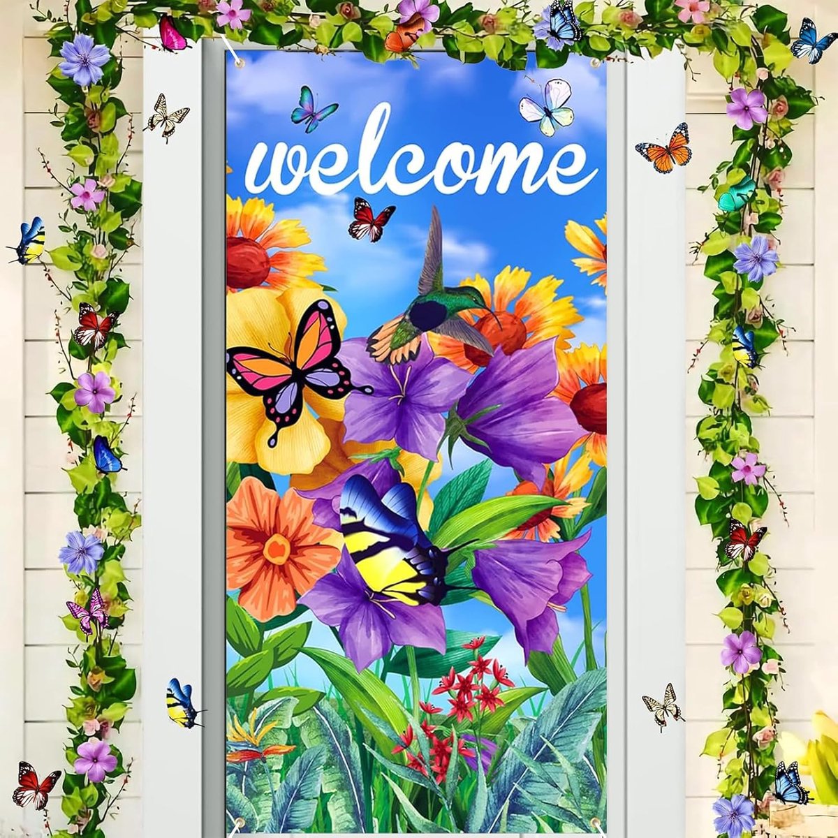 deur, deurdecoratie lente met bloemen vlinders, deurafdekking lente, lentebanner, 185 x 90 cm, lentedecoratie voor Pasen, babyshower, lentefeest (blauw)