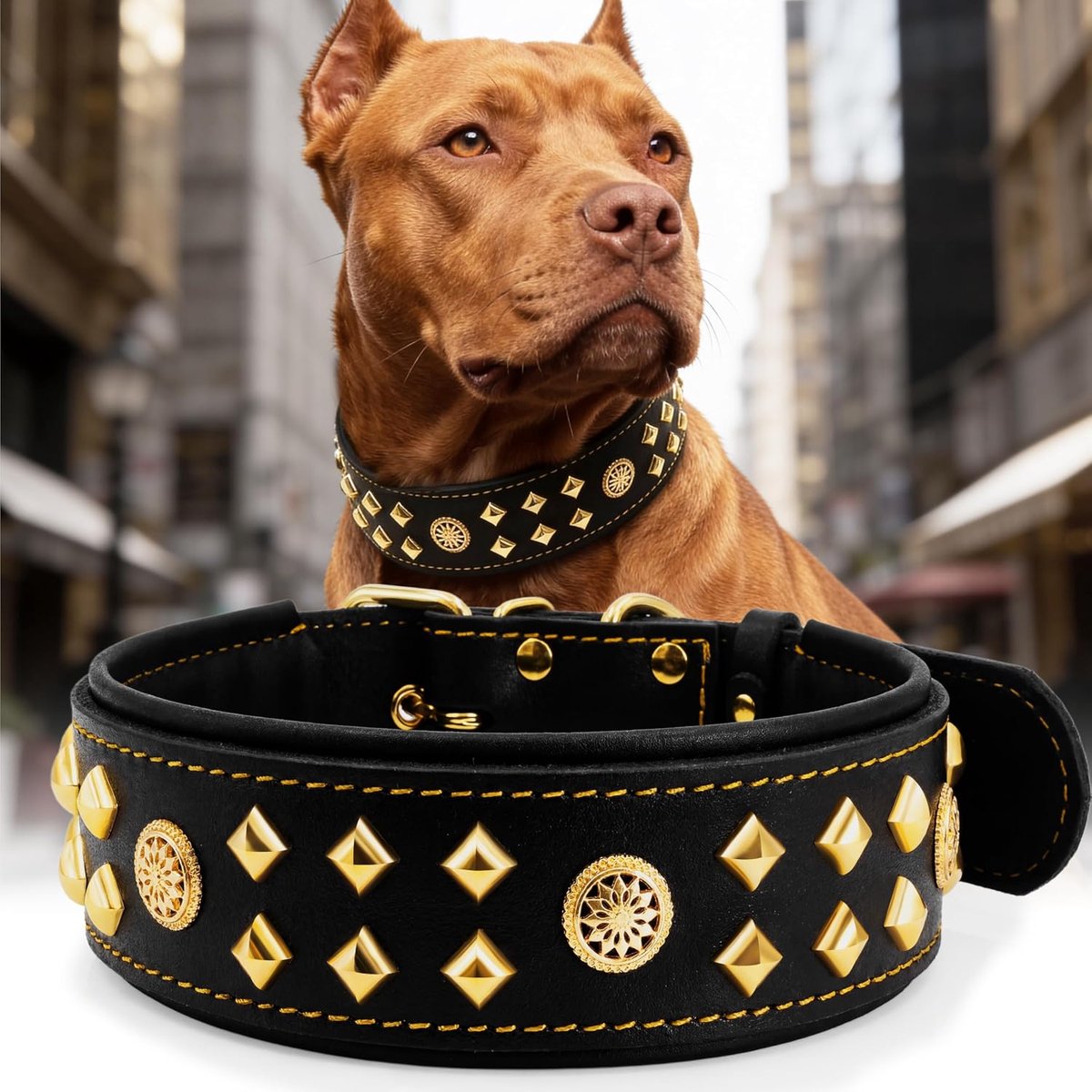 Hondshalsband van leer, 5,6 cm breed, handgemaakt met nieten en gesp van roestvrij staal, voor dagelijks gebruik voor grote honden, zwart-goud, 54,5–65 cm
