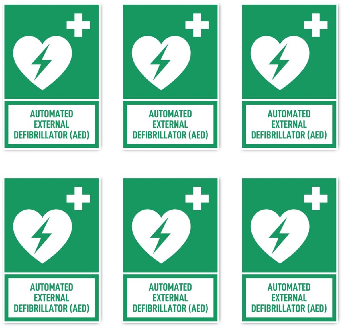 75 x 50 mm, 6 stuks - geautomatiseerde externe defibrillator (AED) - taal: Engels - reddingsteken met tekst (groen/wit) - rechtop - E010 - DIN EN ISO 7010