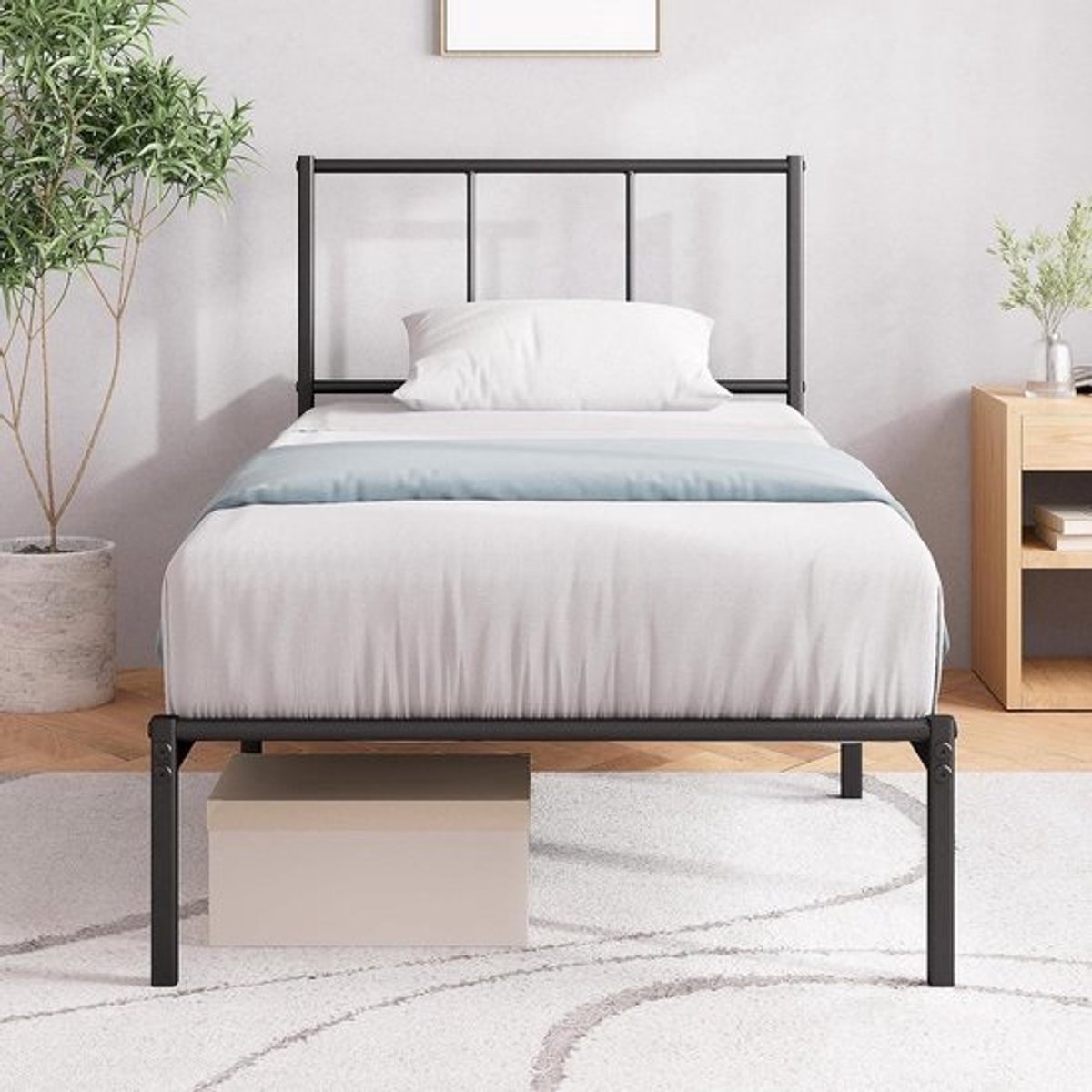 Metalen Bedframe - Bed met hoofdbord - Slaapkamer inrichten - Ruim opbergvlak - 190 x 90 cm - Zwart