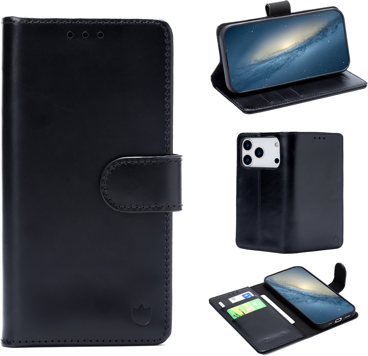 Casemania Echt Leren Hoesje Geschikt voor Apple iPhone 18 Pro - Charcoal Gray - Leer Book Cover - Portemonnee Telefoonhoesje met Pasjeshouder