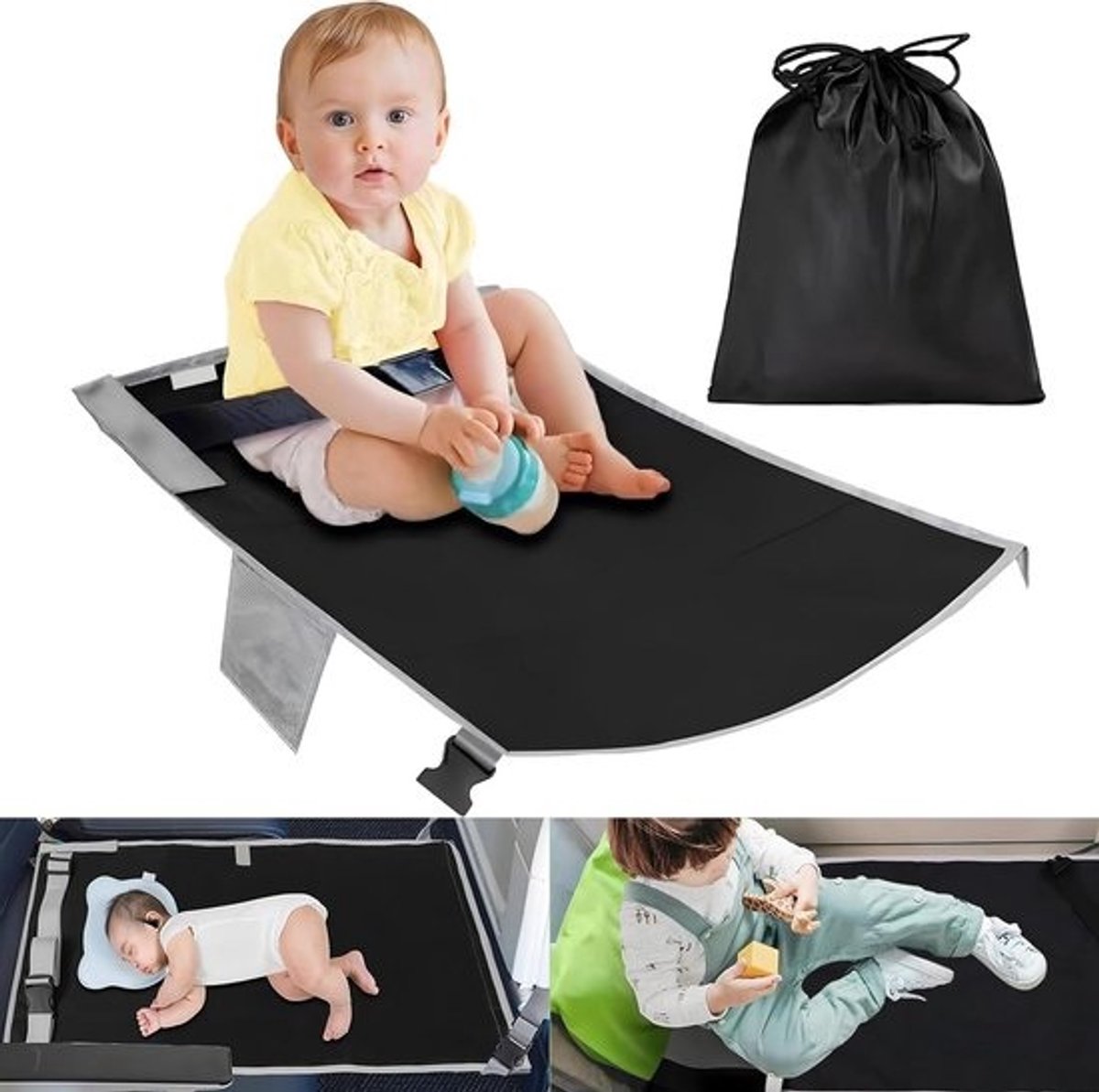 Vliegtuigstoelverlenging - Vliegtuigbed Peuter - Reizen met kinderen - Opvouwbaar en draagbaar - 79 x 44 cm - Zwart