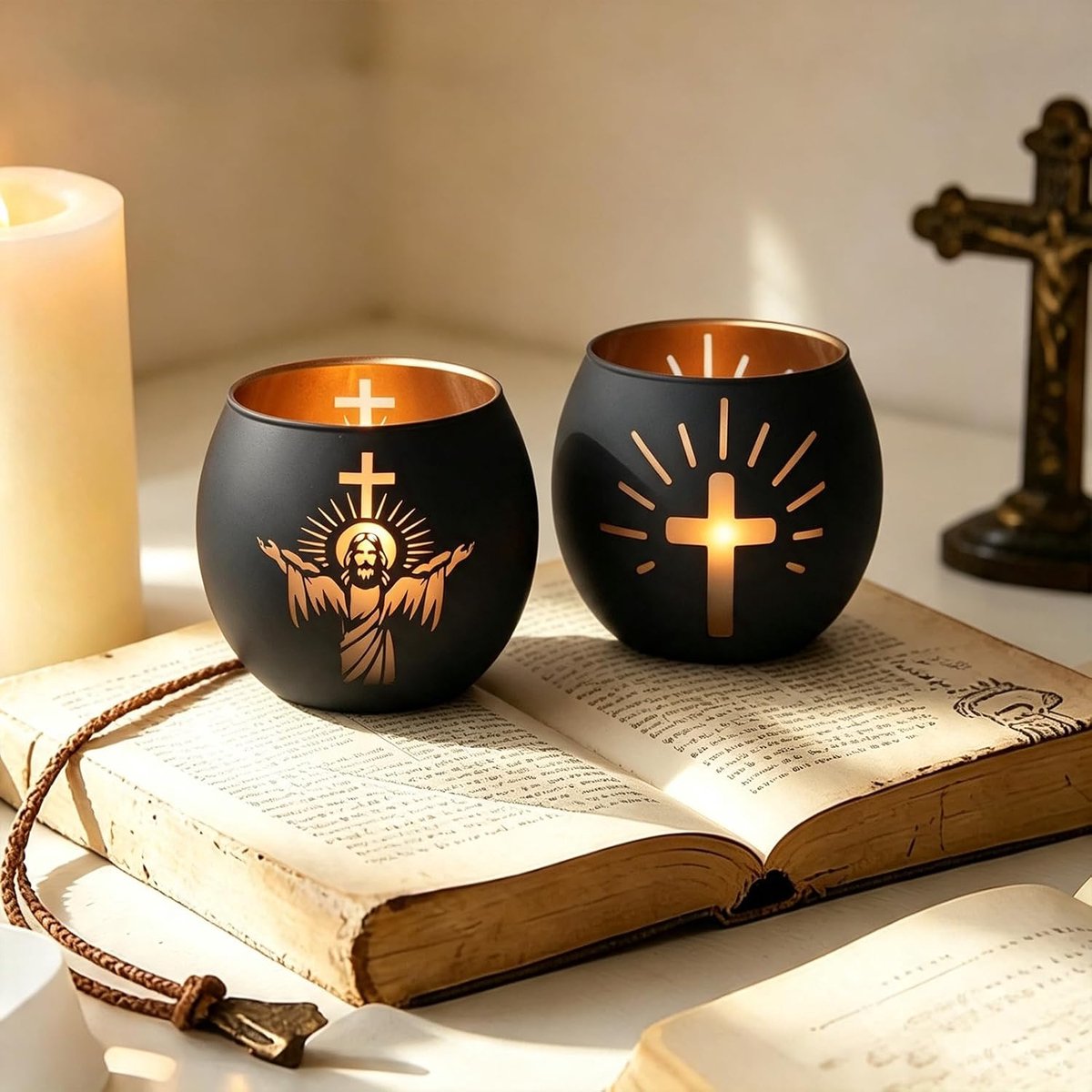 Jezus kruis glazen theelichthouder – set van 2 decoratie voor gebed