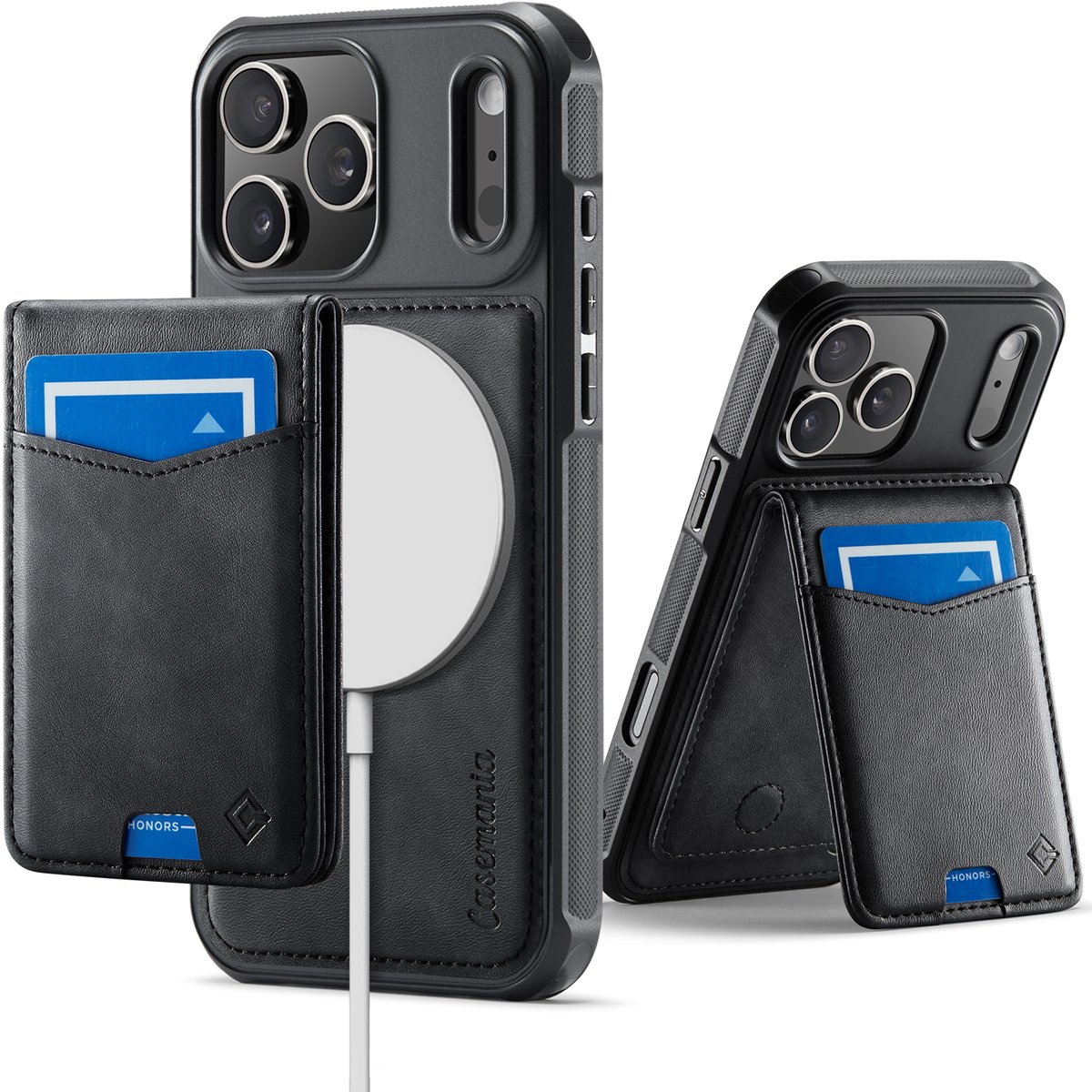 Casemania Hoesje Geschikt voor Apple iPhone 18 Pro - Charcoal Gray - Geschikt voor MagSafe - Back Cover met Afneembare Magnetische Pasjeshouder met Standaard - Telefoonhoesje en Kaarthouder