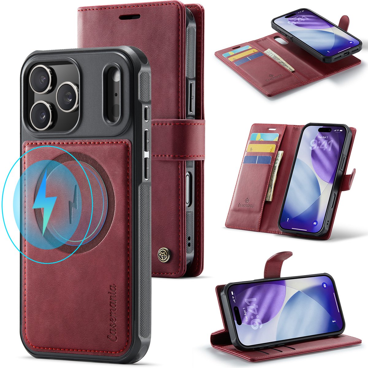 Casemania Hoesje Geschikt voor Apple iPhone 18 Pro - Burgundy Red - Geschikt voor MagSafe - Luxe Kunstleer 2 in 1 Afneembare Bookcase - Magnetische Telefoonhoesje met Pasjeshouder en Standaardfunctie
