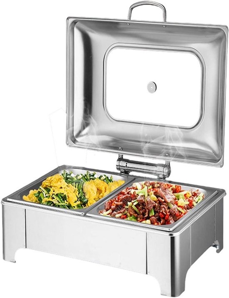 Voedselwarmer Buffet Server - Warmhoudschaal Serveerschaal - Eten Warm Houden - Hydraulische Buffertas Deksel - 6 Liter - Zilver
