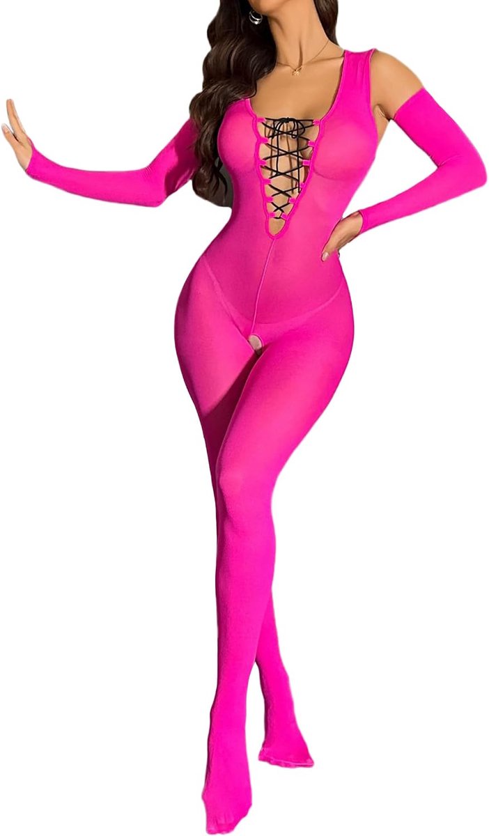 Bodystocking dames mouwloos bodystocking open kruis sexy catsuit kruis stropdas diepe V-hals