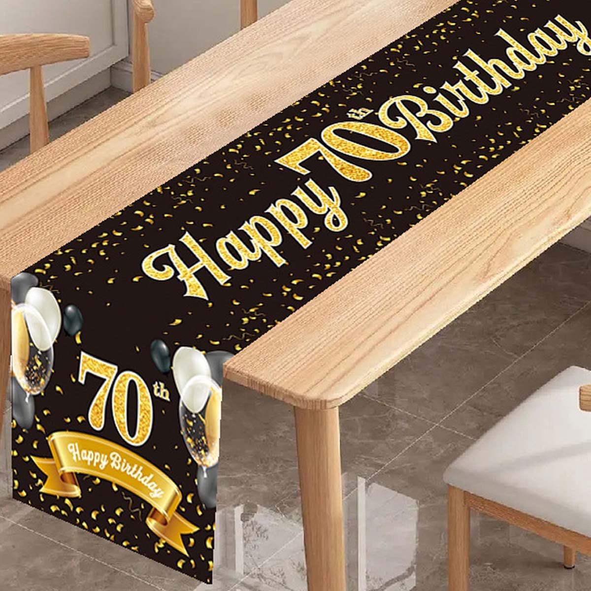 Tafelloper 70e verjaardag zwart goud - 70e verjaardag decoratie, Happy 70th Birthday tafelloper voor mannen en vrouwen, perfect voor jubileumfeesten, feesten en diner decoratie - 180 x 35 cm
