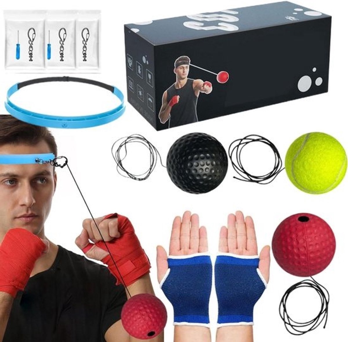Boksbal met band - Trainingsbal boksen - Hand-oog coördinatie - Verbeterde reflectie - 6 cm bal - Rood en zwart