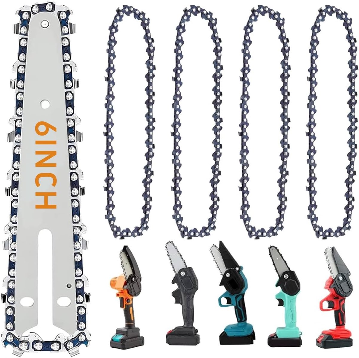 5 stuks zaagketting 15 cm + 1 stuk 15 cm geleiding 1/4 inch LP, 37 aandrijfschakels, compatibel met alle 6 inch zaagkettingen